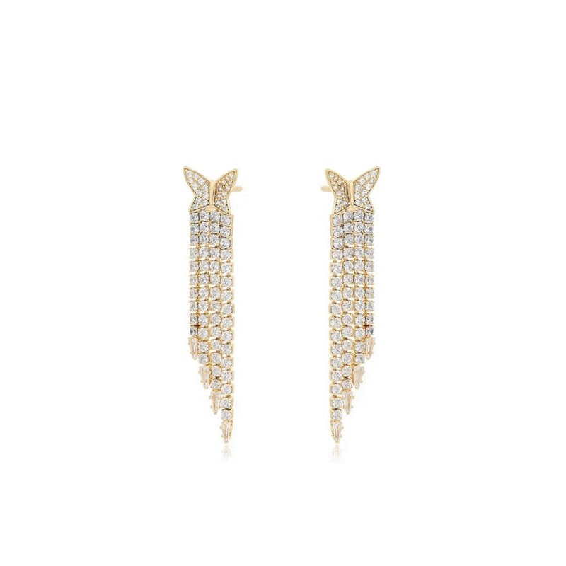 Aretes Mariposa Largos Fiesta Cristales Oro 14K Laminado Dorado