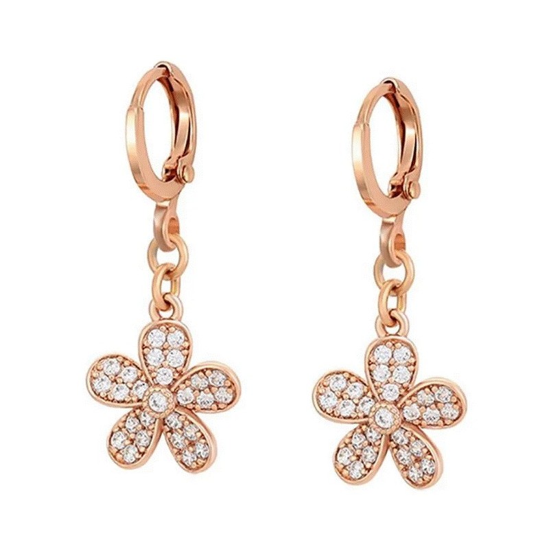 Aretes Flor Colgante Cristales Oro Rosa 14K Laminado Aretes Flor Colgante Cristales Oro Rosa 14K Laminado