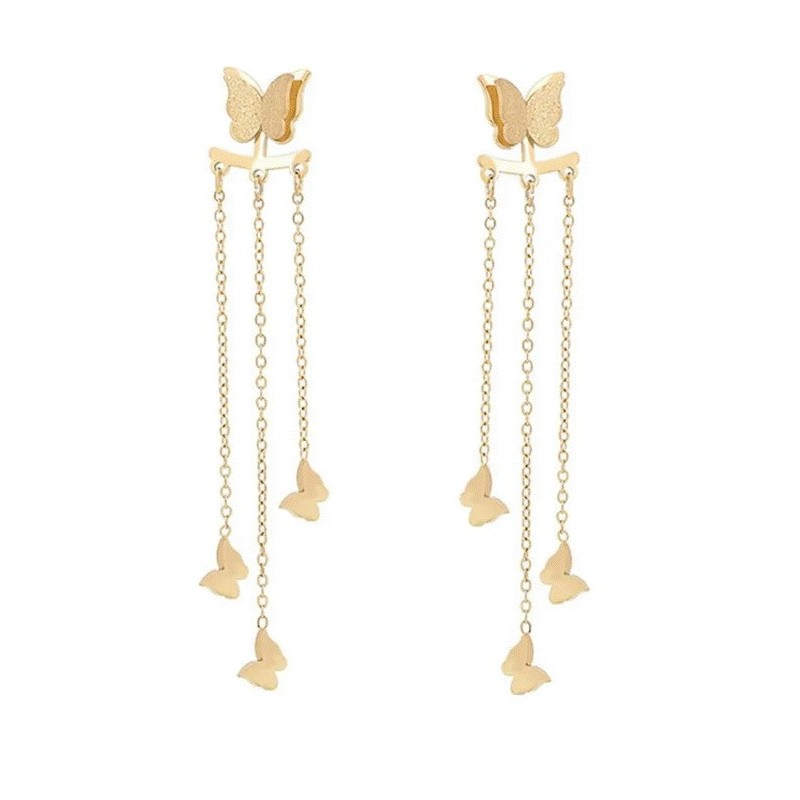 Aretes Largos Cascada Mariposas Colgantes Oro 14K Laminado Dorado