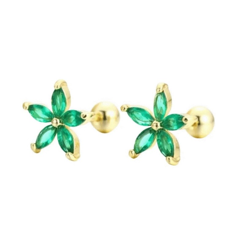 Broqueles Flor Margarita Cristal Oro 14k Laminado Bolita Verde Broqueles Flor Margarita Cristal Oro 14k Laminado Bolita Verde