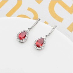 Aretes Gota Rubí Y Cristales Colgante Oro Blanco 14k Laminado