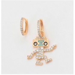 Aretes Arracadas Robot Bailando Con Swarovski Oro 14K Laminado